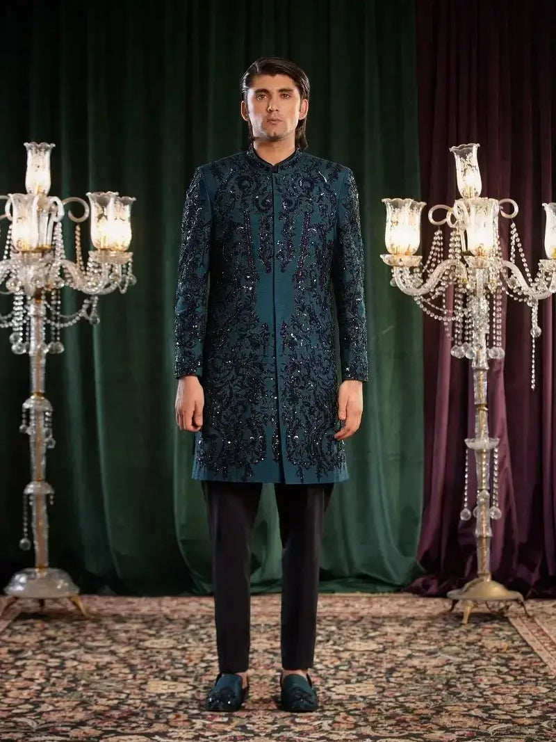 MAYAMEEN – Pakistani Groom Sherwani by Ahsan Tariq Couture – view 1