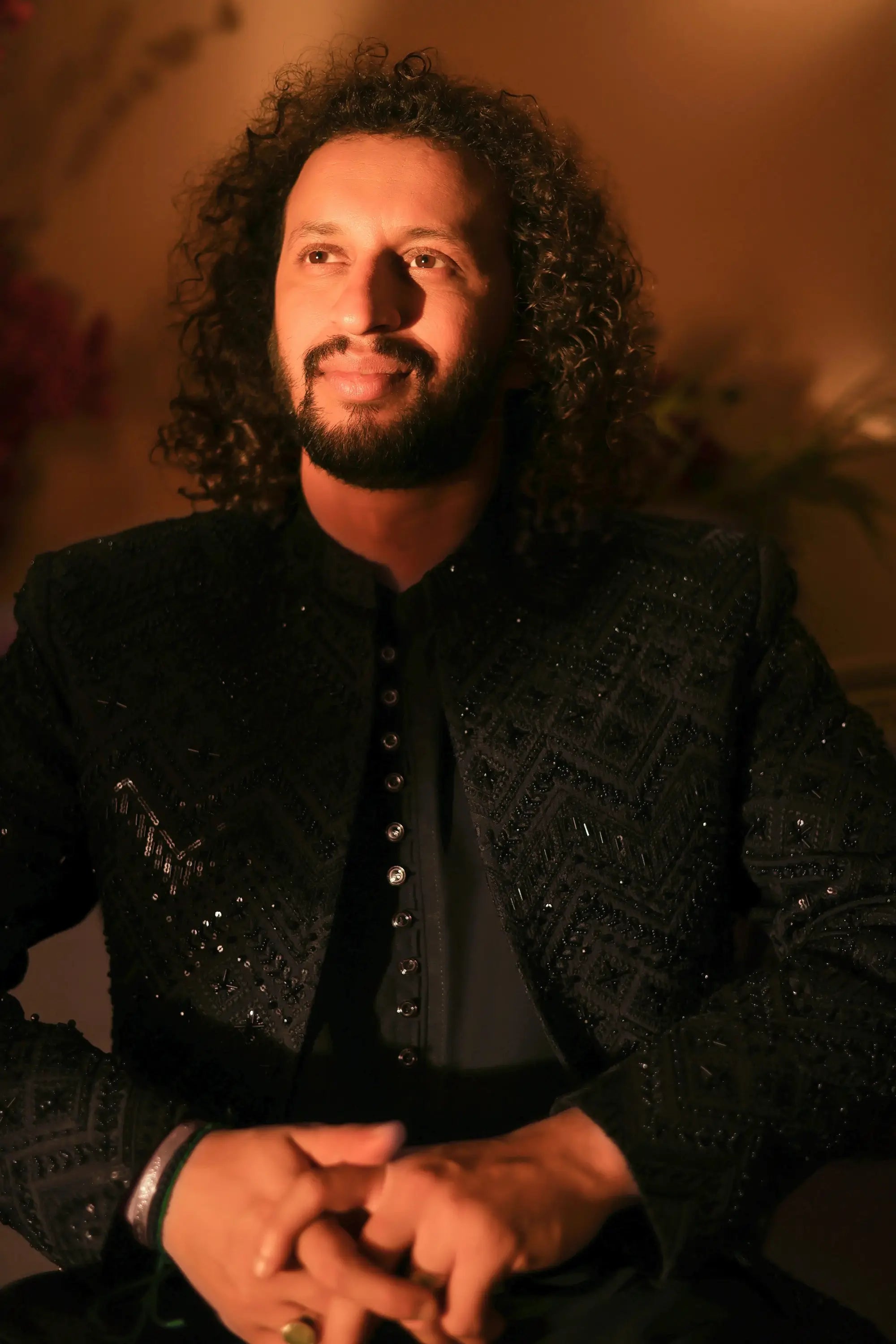 Black embellished jacket nawab with intricate sequin detailing and high collar for formal or festive wear