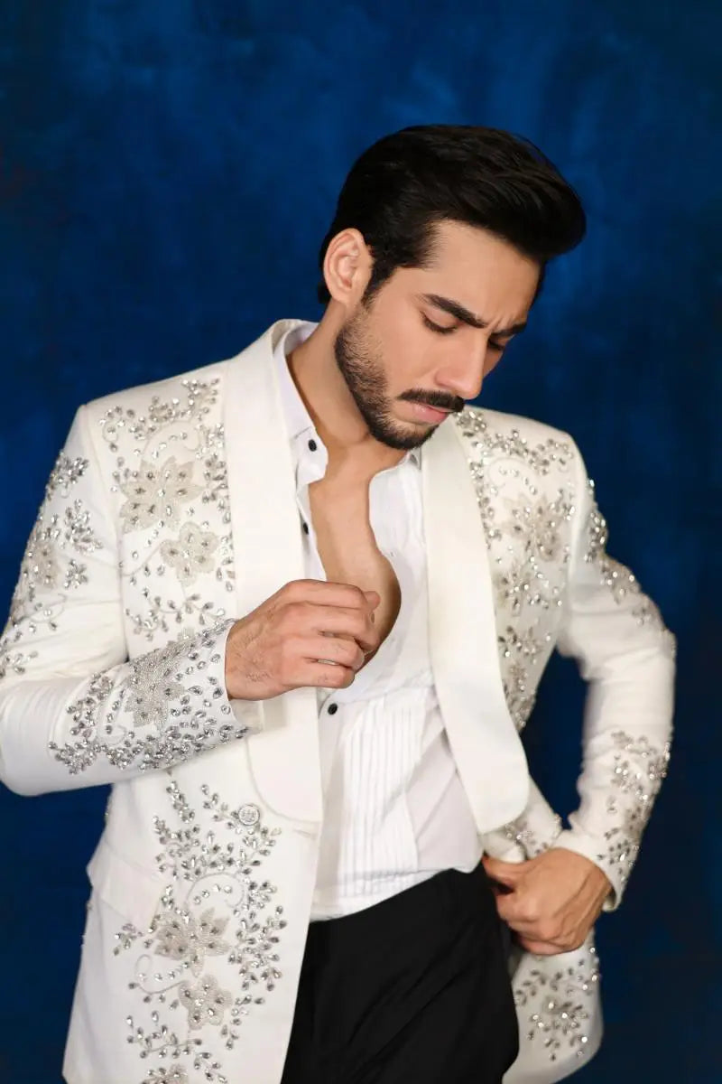 White sequined blazer with intricate floral embroidery from notte di lusso ishq eid t26 collection