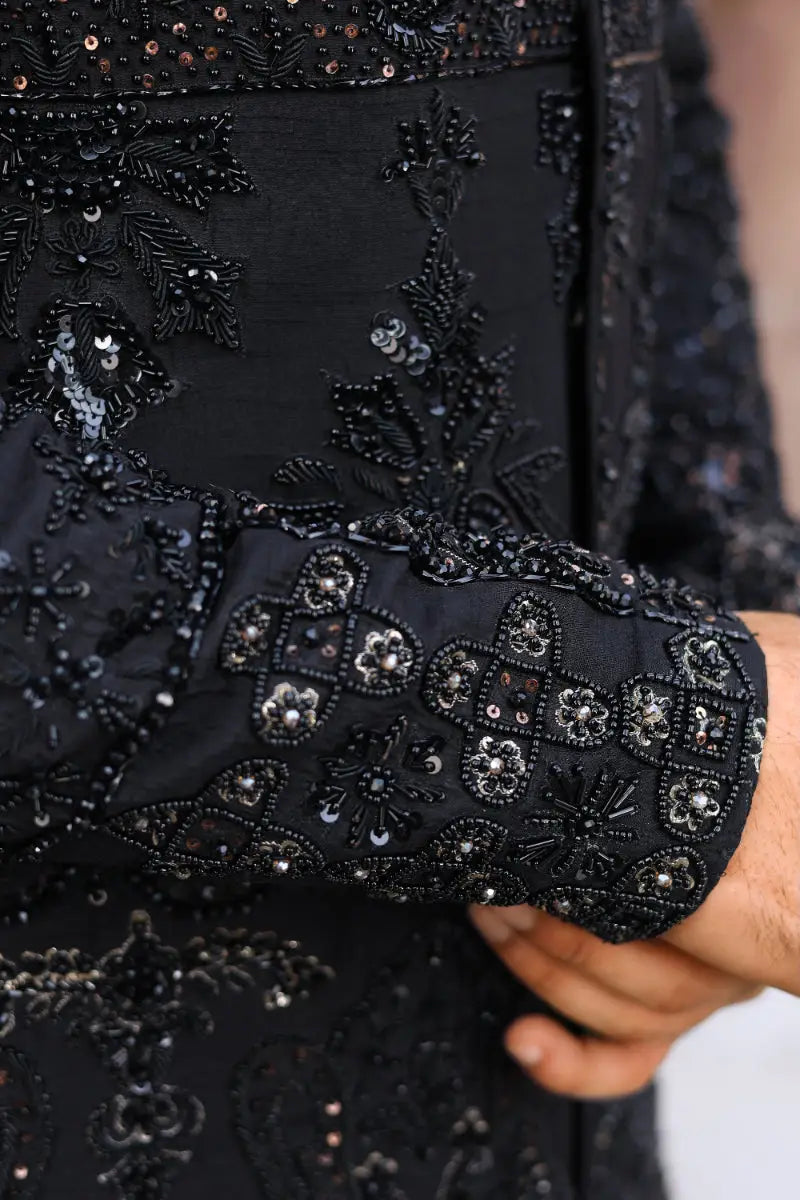 Black embellished sleeve with intricate silver beadwork and sequins from ahsan tariq ishq collection qara garment