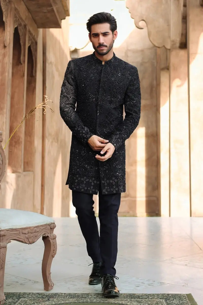 Black embroidered sherwani with intricate silver thread detailing from ahsan tariq ishq collection qara product line