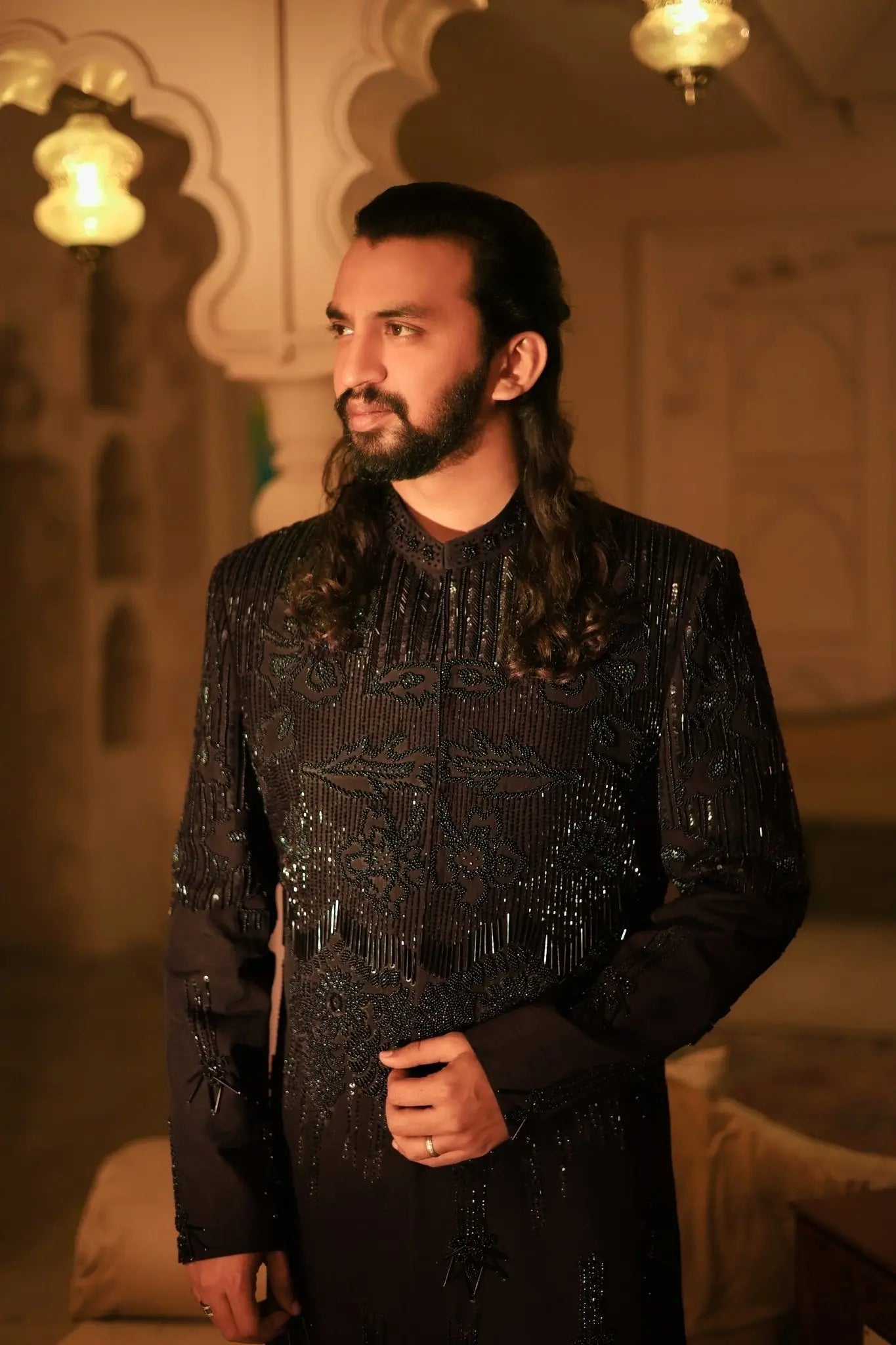 Black Shahenshah formal jacket embellished with intricate sequin and beadwork for elegant occasions