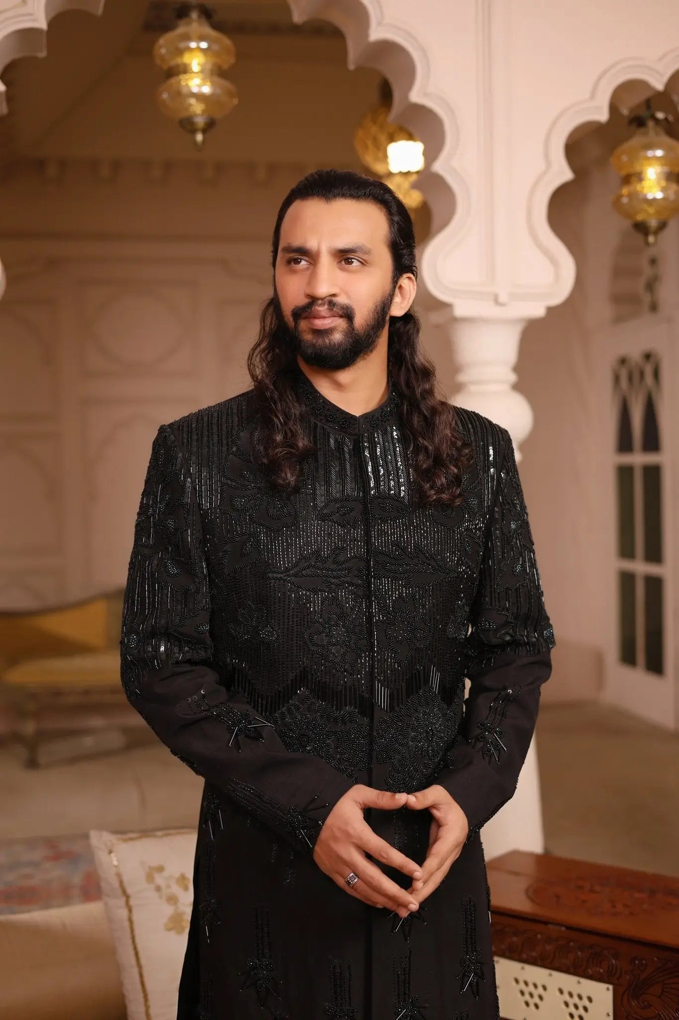 Black sequined embroidered long coat shahenshah with intricate detailing and luxurious texture