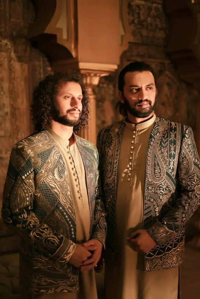 Shayar men’s embroidered jacket with gold and dark blue paisley floral patterns on beige fabric front view