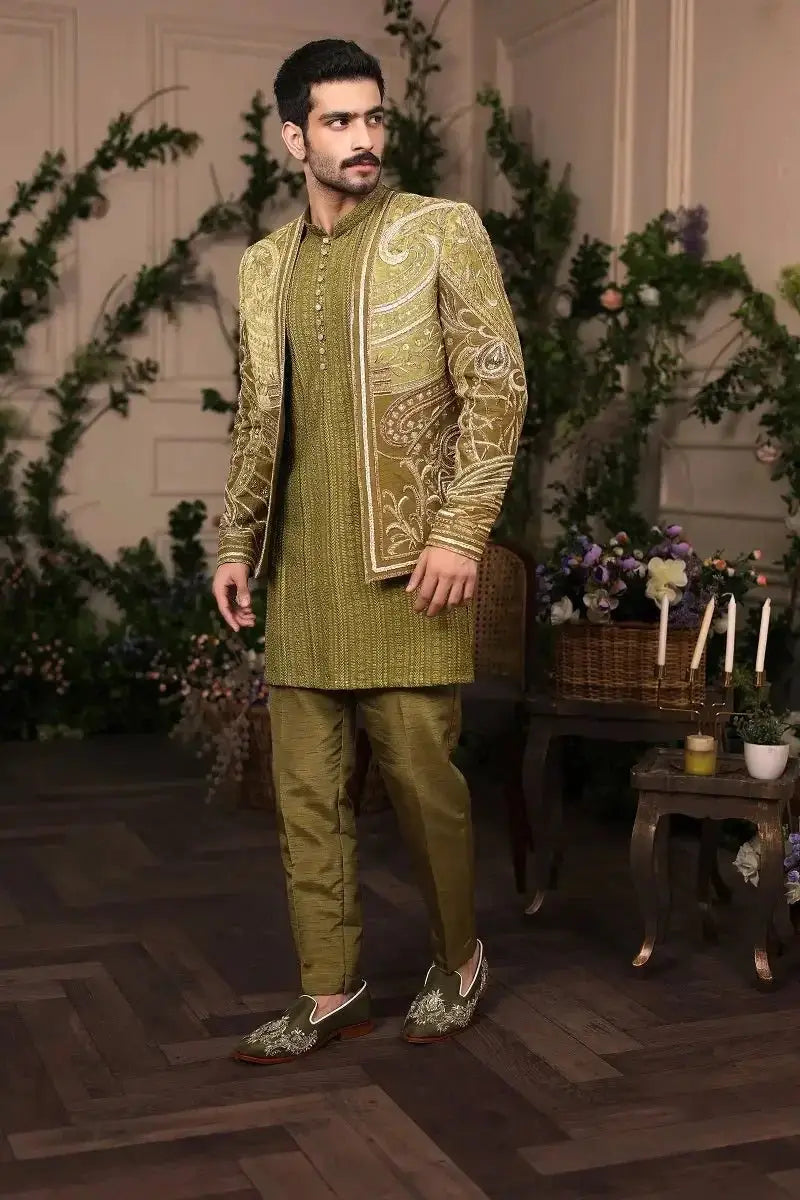 Olive-green sherawala velvet sherwani with intricate gold threadwork and matching raw silk satin pant set