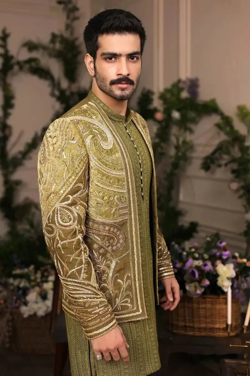 Olive-green raw silk sherawala velvet sherwani with intricate gold threadwork and a high collar for formal wear