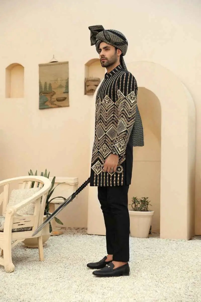 Black and silver patterned kurta from siyah nishaan raqeeb se collection with intricate geometric embroidery standout piece