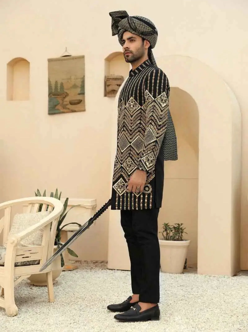Siyah Nishaan – Pakistani Groom Sherwani by Ahsan Tariq Couture – view 5