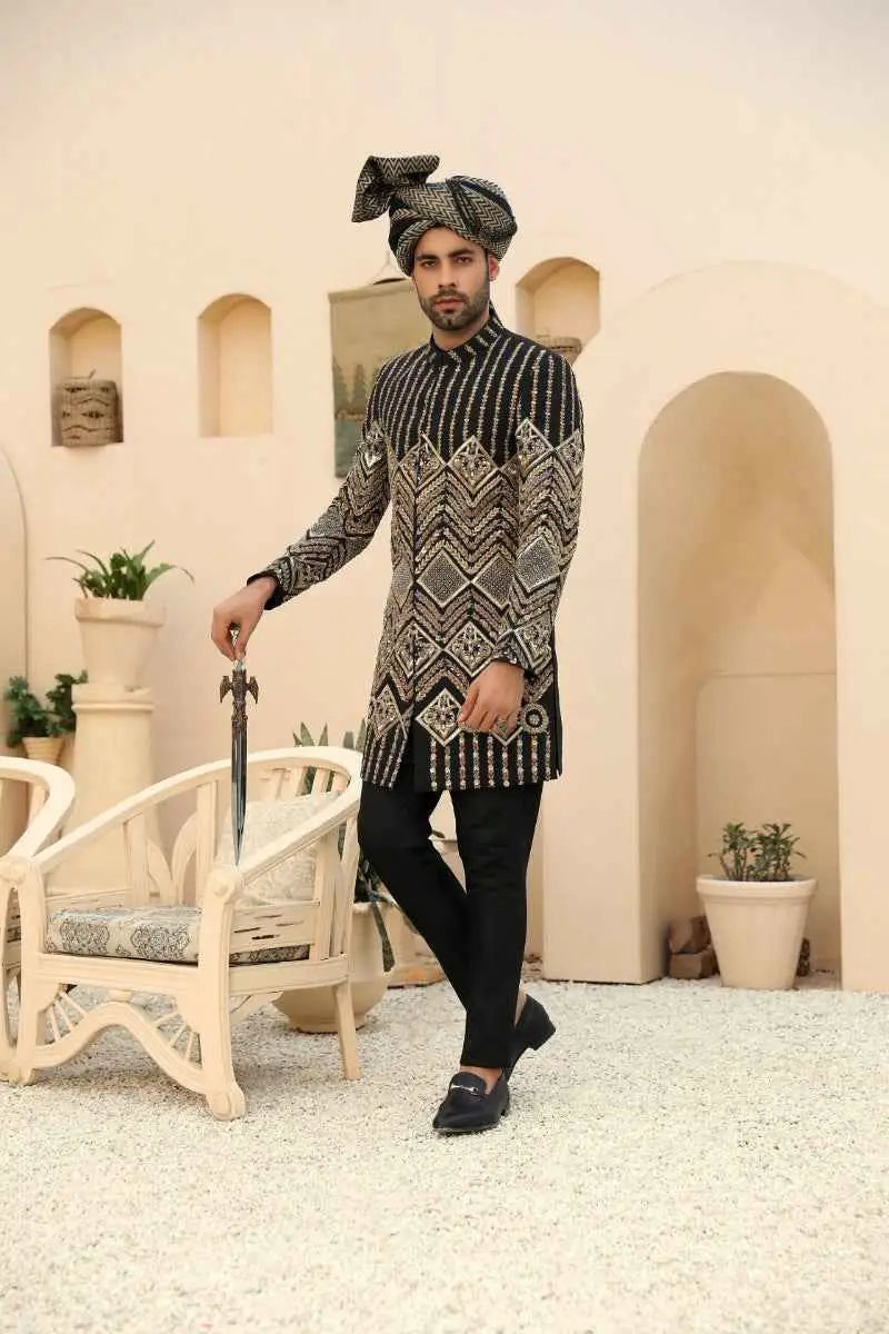 Black and silver patterned kurta from siyah nishaan raqeeb se collection with intricate geometric embroidery standout piece