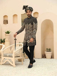 Siyah Nishaan – Pakistani Groom Sherwani by Ahsan Tariq Couture – view 4