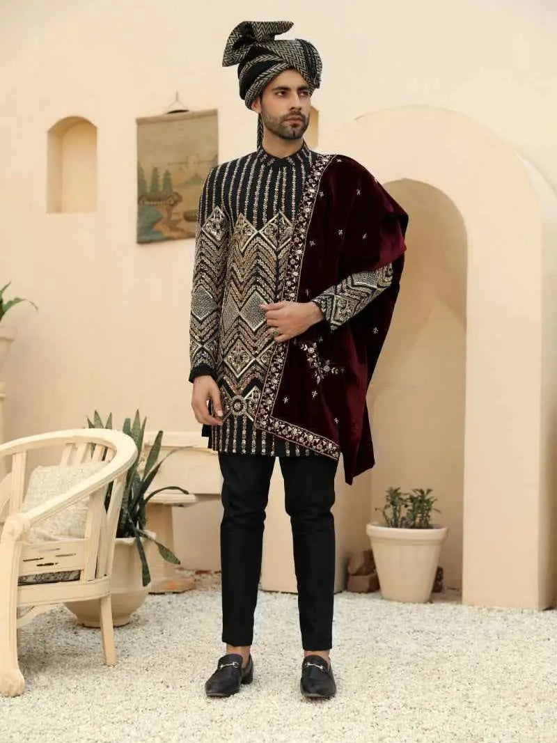 Siyah Nishaan – Pakistani Groom Sherwani by Ahsan Tariq Couture – view 1