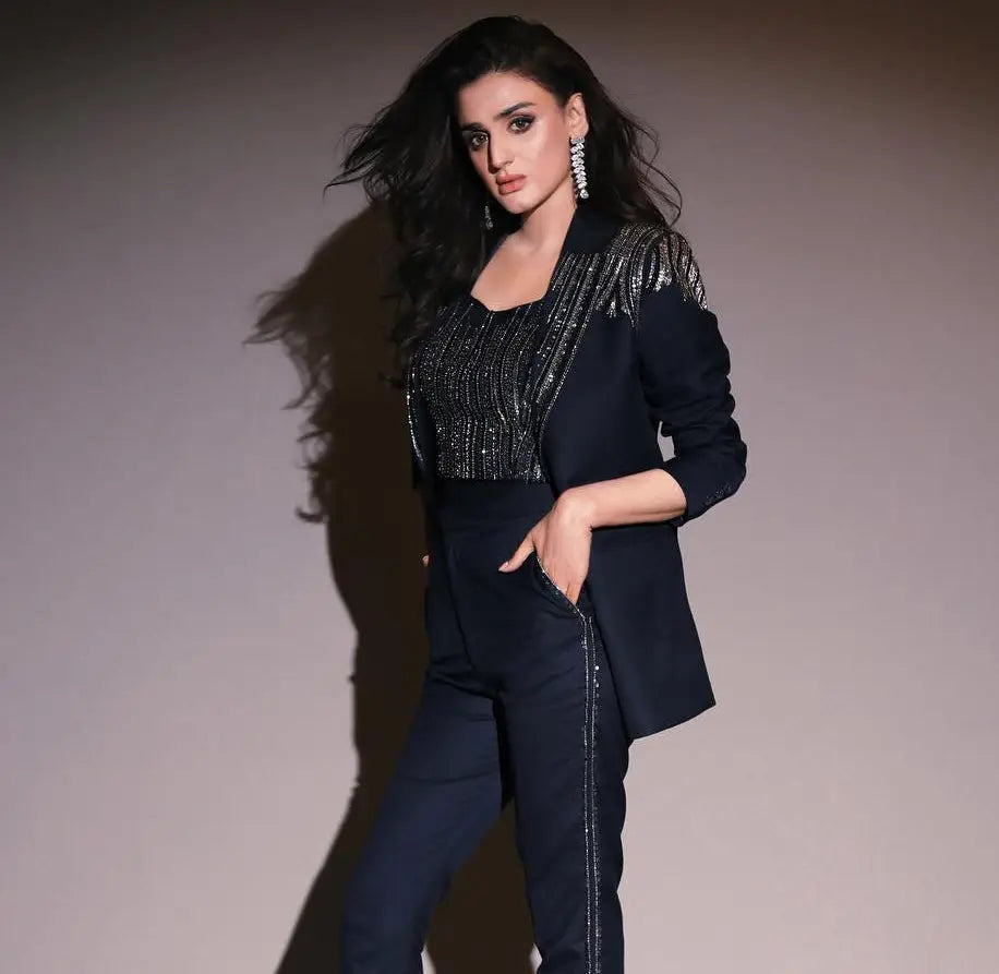 Navy blue sequined blazer stardust with sparkling embellishments defines modern luxury and avant-garde three-piece power