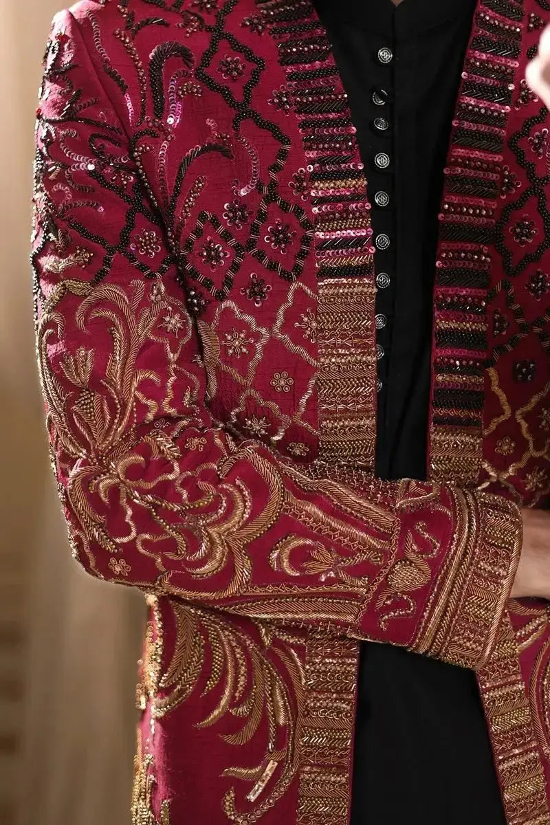 Thakur Singh maroon and gold embroidered jacket with intricate floral patterns and sequined accents with black lining