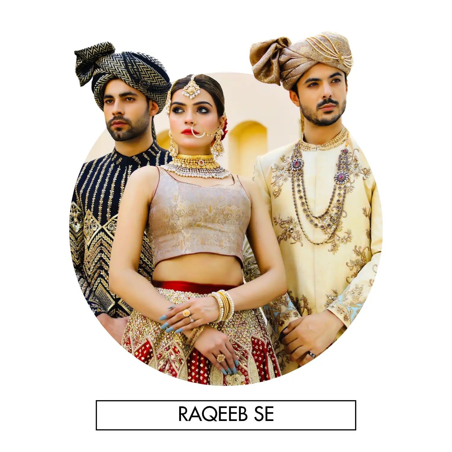 A woman in a beige embroidered crop top and red-and-gold patterned lehenga, adorned with gold jewelry.
