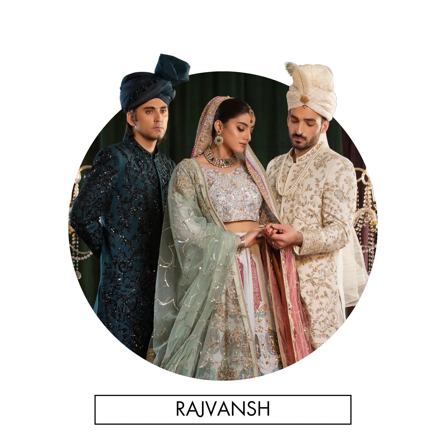 A woman in an ornate, light green and silver embroidered lehenga with a matching dupatta is adorned in traditional indian bridal attire.