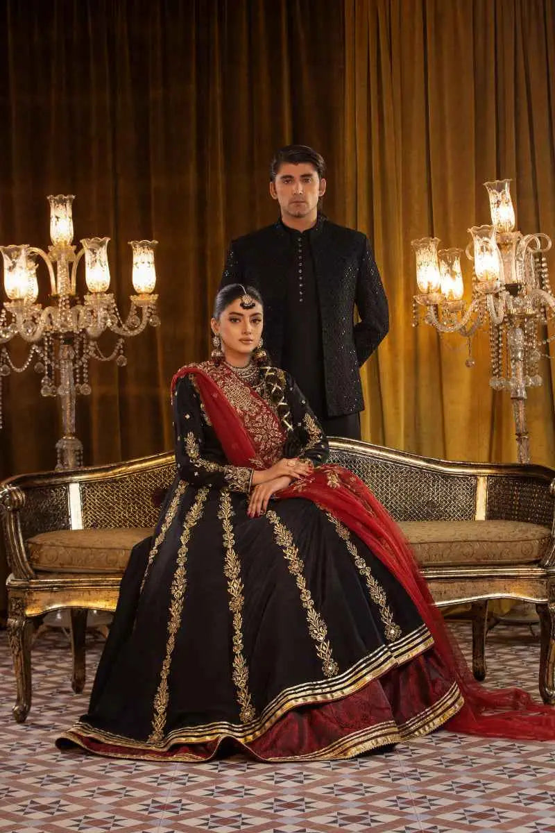 Elegant zar taaj bridal lehenga in black and red with intricate gold embroidery perfect for weddings and festive wear