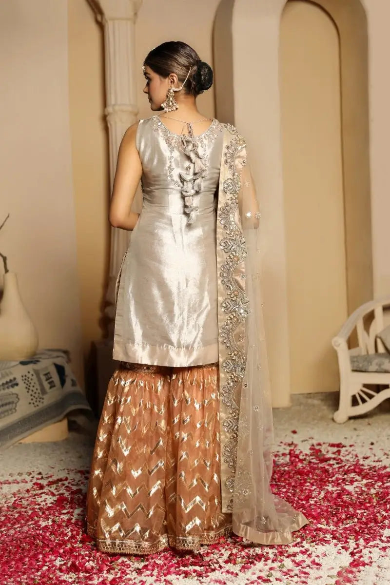 Zarrin silver and gold traditional indian outfit with satin top and metallic zigzag pants shown from the back by ahsan tariq